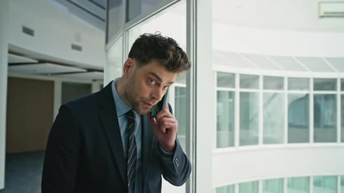 Stylish Ceo Speaking Cellphone Near Office Panoramic Window Closeup Man Calling