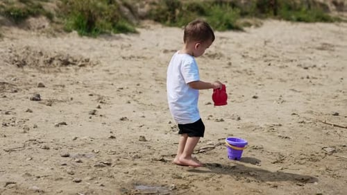 Little child summer lifestyle. Small boy on river beach playing.