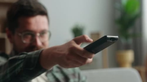 Happy Laughing Relaxed Caucasian Man Male Guy Homeowner at Home Enjoying Calm Weekend Relaxing