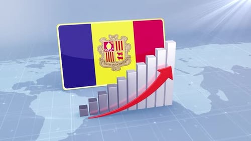 Andorra Flag with Growing Bar Chart and Upward Arrow