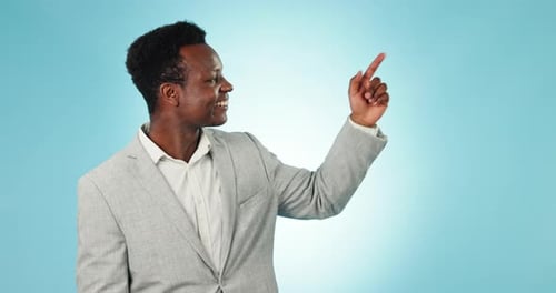 Face, business man and pointing to choice in studio for deal, checklist