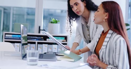 Coworking, training and women with laptop, paperwork and advice from project manger on proposal