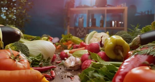Fresh Vegetables on Table in a Rustic Kitchen