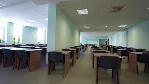 Empty interior of classroom. Front view of modern classroom interior