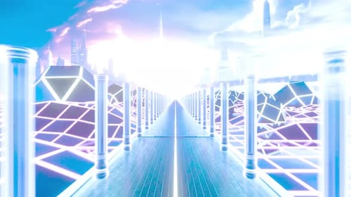 Neon-lit bridge leads to futuristic cityscape