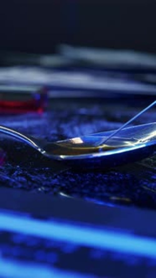 Man is filling syringe with narcotics from spoon, close up. Vertical video