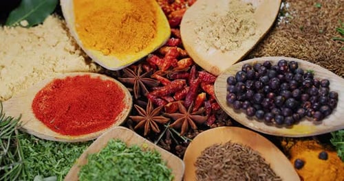 Close -up of a nice composition of spices and spoons on a turning base on bench. Concept: Food, tr