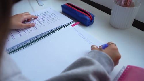 Student Studying, Writing Notes at Desk Indoors