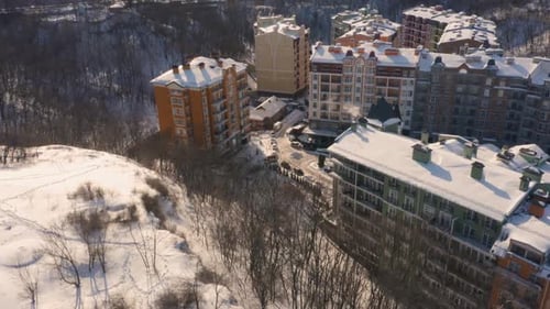 The Aerial Drone View of Residential District on a Winter Day