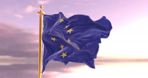 Realistic European Union Flag Waving Against Cloudy Sky