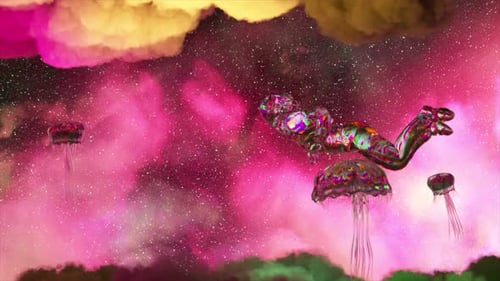 The Astronaut Floats Between Pink Purple Clouds Surrounded By Jellyfish