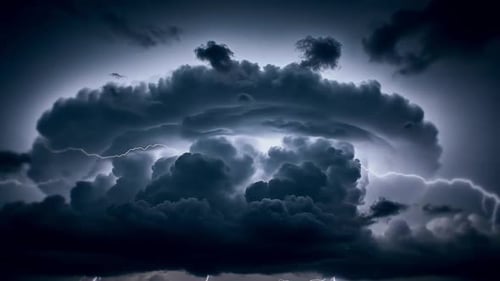 Blitze schlagen in der dunklen, stürmischen Wolkenlandschaft ein