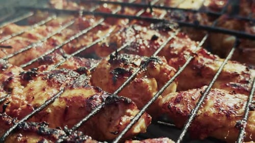 Juicy Chicken Cooking on Grill Close Up