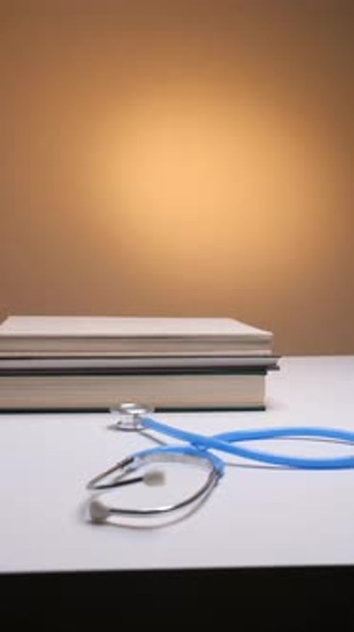 Vertical Video Doctor in White Coat Picking a Book From a Stack on a White Desk with a Blue