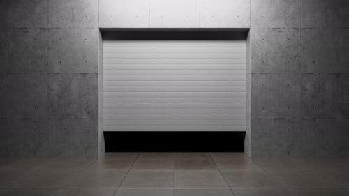 Garage door opening, revealing dark interior