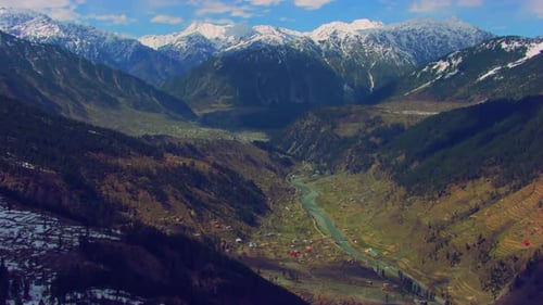 A picturesque village with beautiful watery scenes round snowy mountains and river, as well as charm