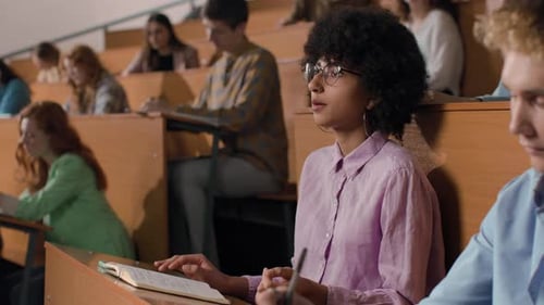 Diverse students learn together in university lecture hall education concept