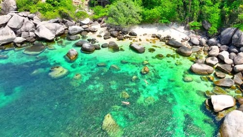 Stunning sandy beach with rock, clean sea water and green forest. 4K.