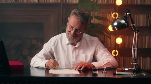 Old Caucasian Man Male Business Businessman Elderly Writer Writing Contract Text Letter Document