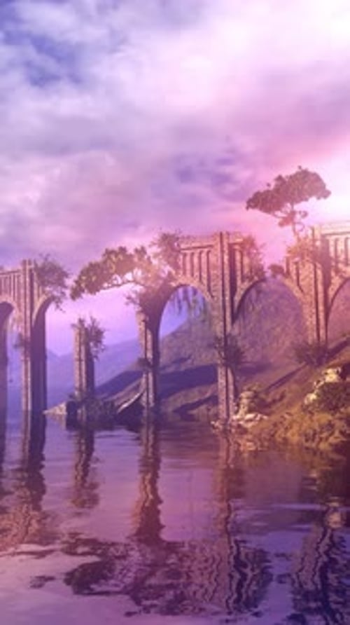 Video of a Bright Fantastic Landscape with an Aqueduct
