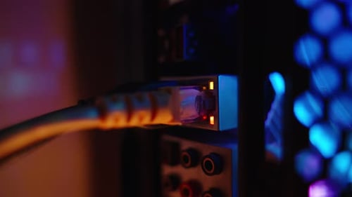 Yellow lights of the Ethernet port of the device symbolize connection to the network.