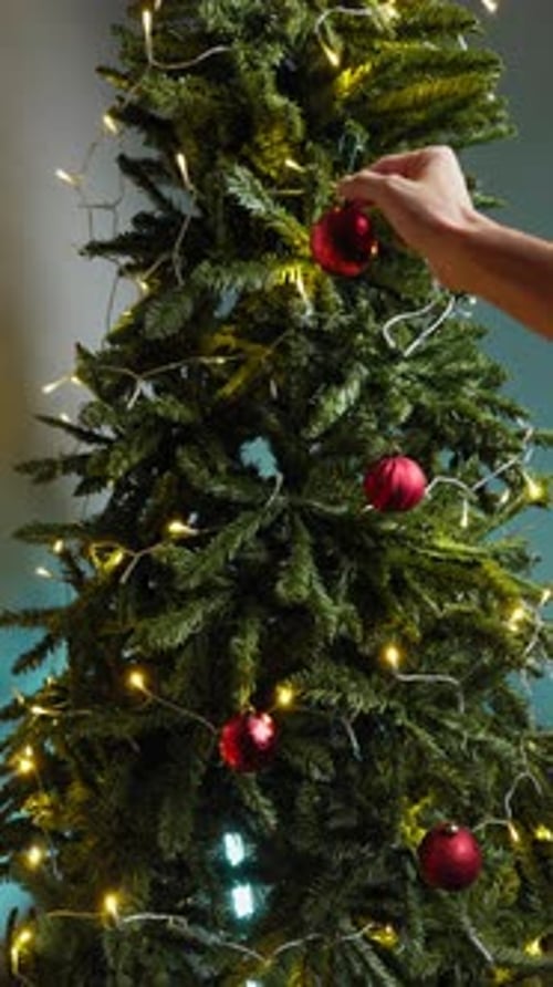 Christmas Tree Decorated With Red Balls During Holidays