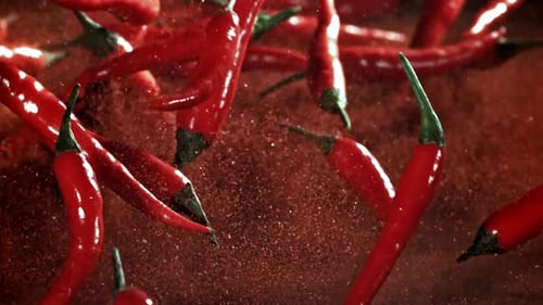 Red Chili Pepper im Flug mit gemahlenem Pfeffer, gefilmt mit einer Hochgeschwindigkeitskamera mit 1000 Bildern pro Sekunde