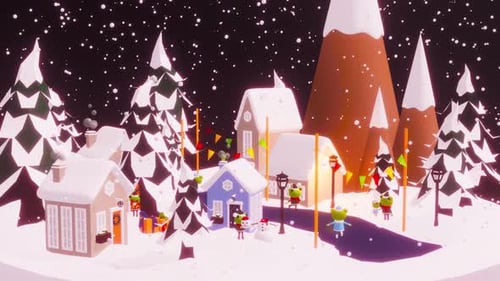 Animated Low Poly Christmas Village with Frogs and Falling Snow