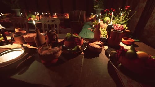 Warm Candlelit Dinner Feast Table in Rustic Setting