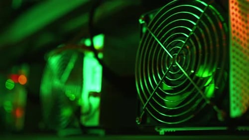 Bitcoin Miners in Large Farm ASIC Mining Equipment on Stand Racks Mine Cryptocurrency in Steel