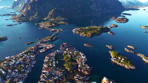 Reinebringen Mountain Looming Over Picturesque Fishing Village of Reine Norway