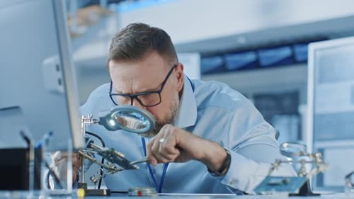 Technician Inspecting Circuit Board with Magnifying Glass