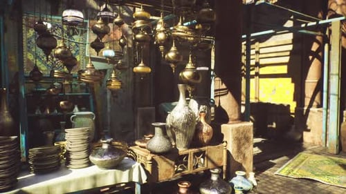 Exotic Marketplace Stall with Moving Sunbeams