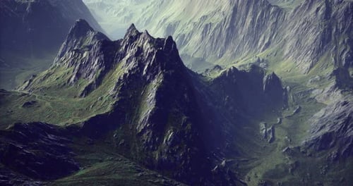 Majestic Mountain Landscape with Rocky Peaks and Lush Greenery in Daylight