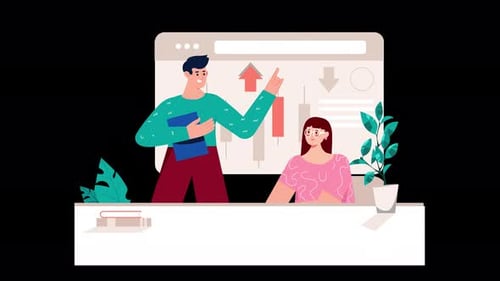 Animated Flat Design Illustrating Business Data Analysis and Education
