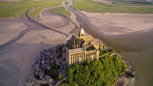 Aerial view of mont saint michel at low tide, France.