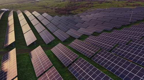 Solar panel field captures energy on a clear day in the countryside
