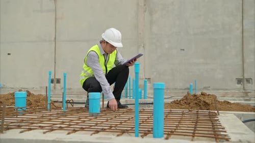 Ingenieure überwachen die Bauarbeiten und prüfen die Fundamentarbeiten von Wohngebäuden.