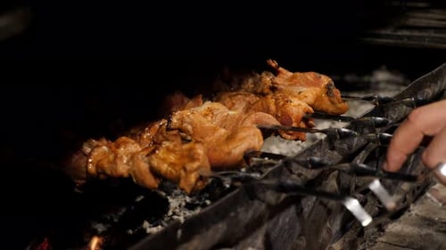 Closeup of Meat on Skewers Fried on Hot Coals on the Grill