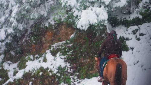 Horse riding in slow motion with heavy snowfall