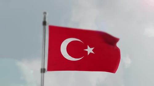 Realistic 3D Animation of the Turkish National Flag Waving in the Wind Against a Cloudy Sky