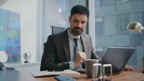 Successful Boss Speaking Video Conference Sitting Luxury Office Interior Closeup