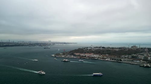 the Golden Horn and the Bosphorus straits in Istanbul, fly forward shot