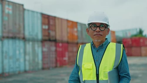 Asian Worker with Laptop in Safety Gear Surveys Shipping Containers at a Warehouse