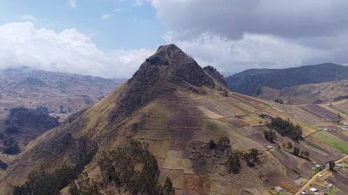 Aerial View Capturing Andean Peak Towering Over Lush Agricultural Landscape Verdant Slopes Blending