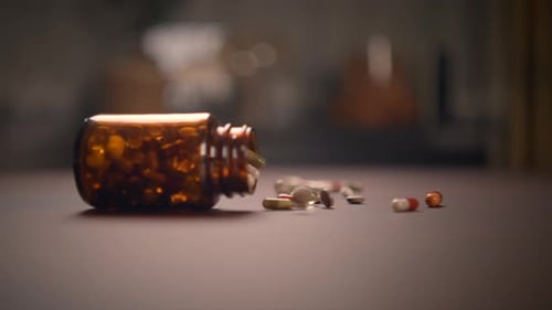 Pills Spill from Medicine Bottle on Table