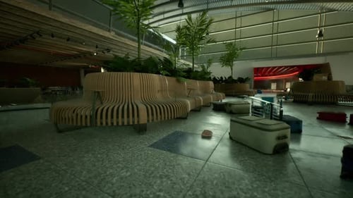 Abandoned Airport Terminal with Scattered Luggage and Overgrown Plants