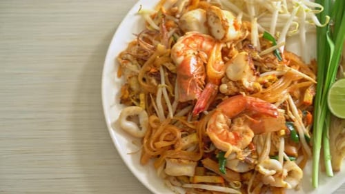 Pad Thai Noodles with Seafood Overhead