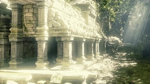 Peaceful Archaeological Site with Mosscovered Carvings and Lush Surroundings