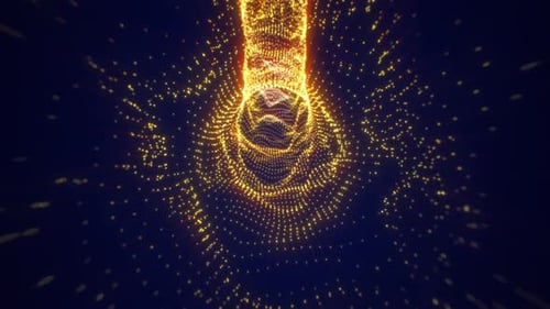 Golden particles forming a luminous vortex tunnel in a dark setting, symbolizing energy